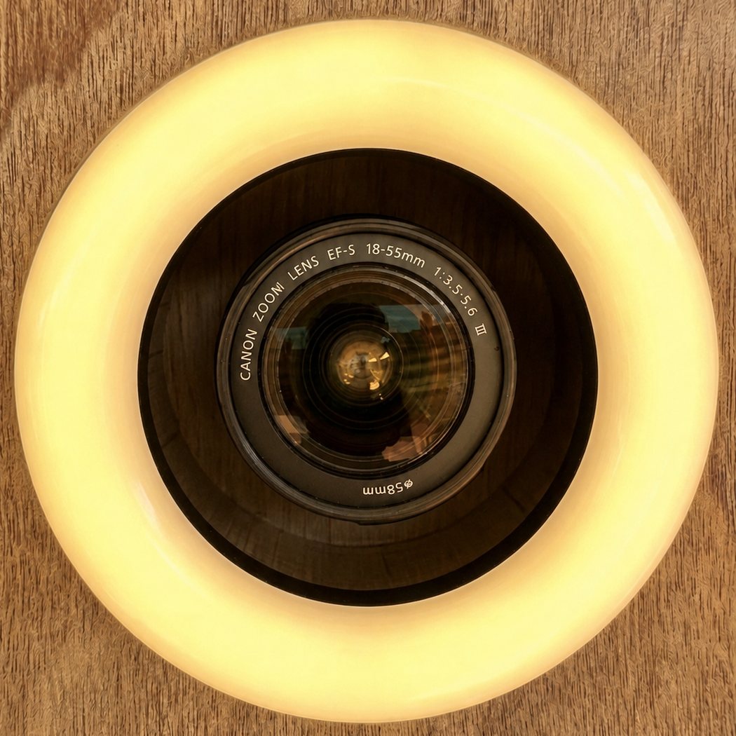 Gros plan sur l'objectif Canon 18-55 mm entouré de l'anneau lumineux, encastré dans le bois.